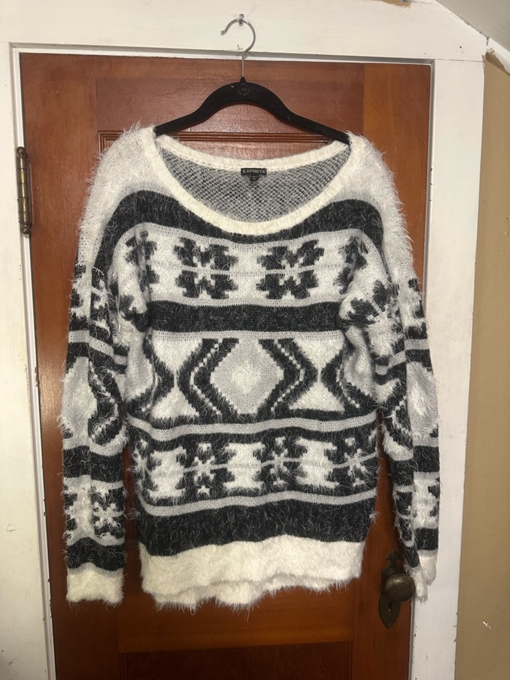 Express Fuzzy Black and White Geometric Crewneck Sweater